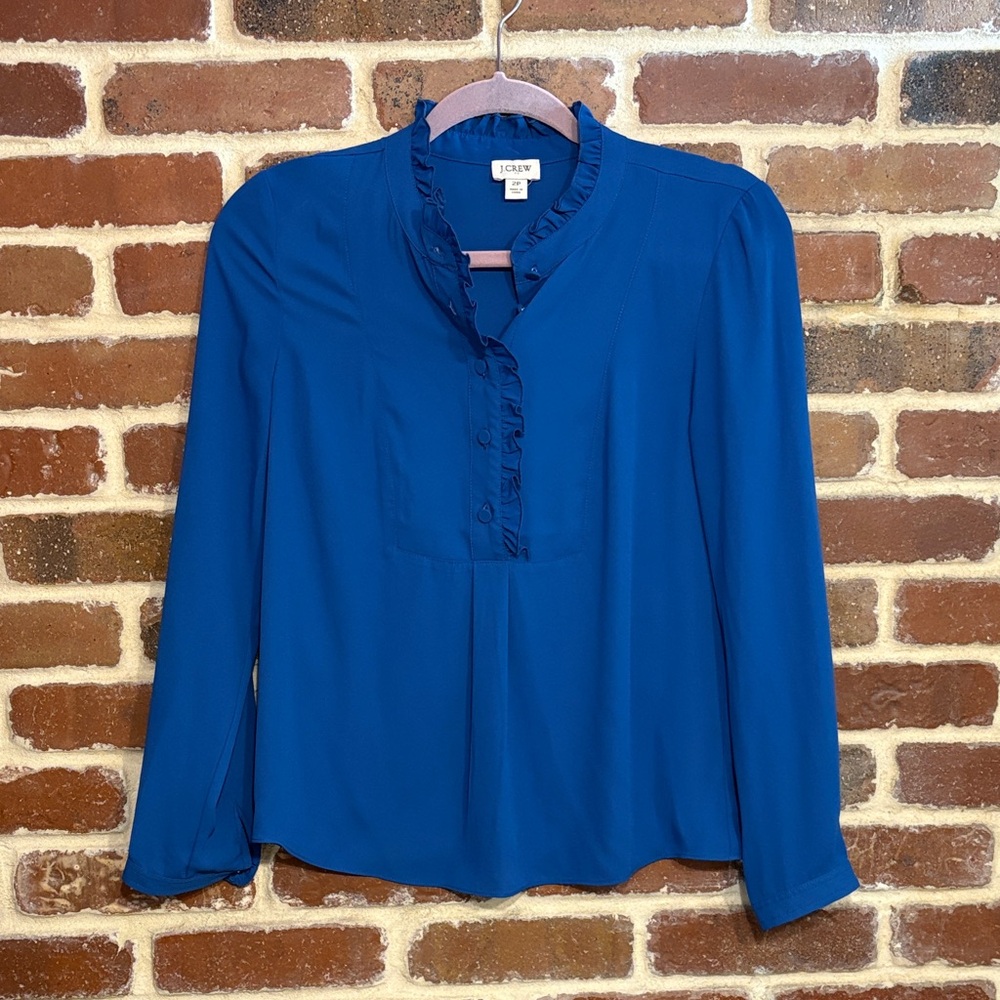 J. Crew Women's Oxford Blue Ruffle Blouse size 2 petite